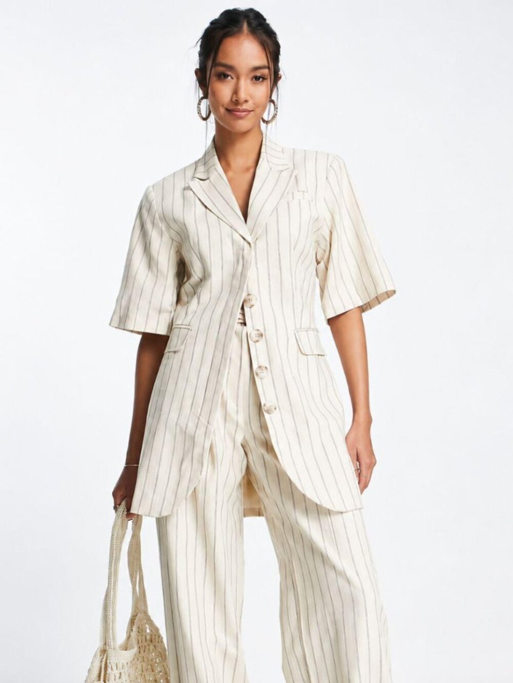Cream pinstripe longline blazer with open back and tie detail